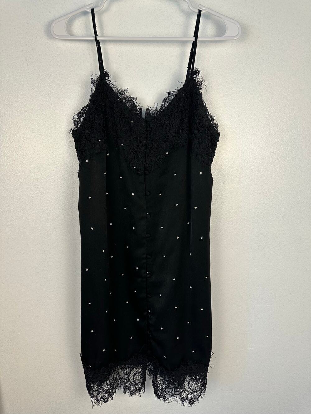 fab'rik black slip dress featuring a star print and delicate lace trim small LBD